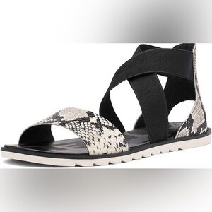 Sorel Ella Black and White Strappy Snake Print Sandals | Cushioned Comfort
